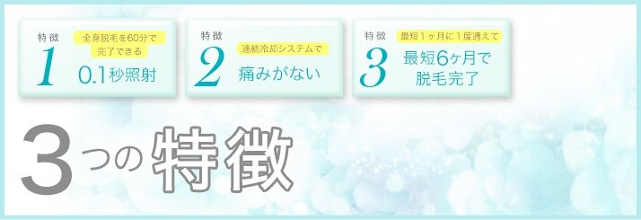 0.1秒照射で全身脱毛が60分で完了できる!連続冷却システムで痛みがない!気になる期間は最短6ヶ月で全身脱毛完了!